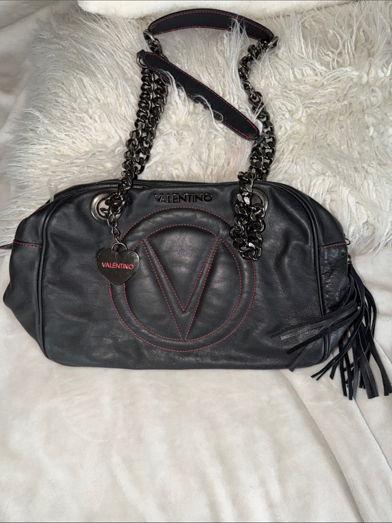 Valentino Handbags - Valentino Black Leather Shoulder Bag with Chain Straps and Heart Charm.